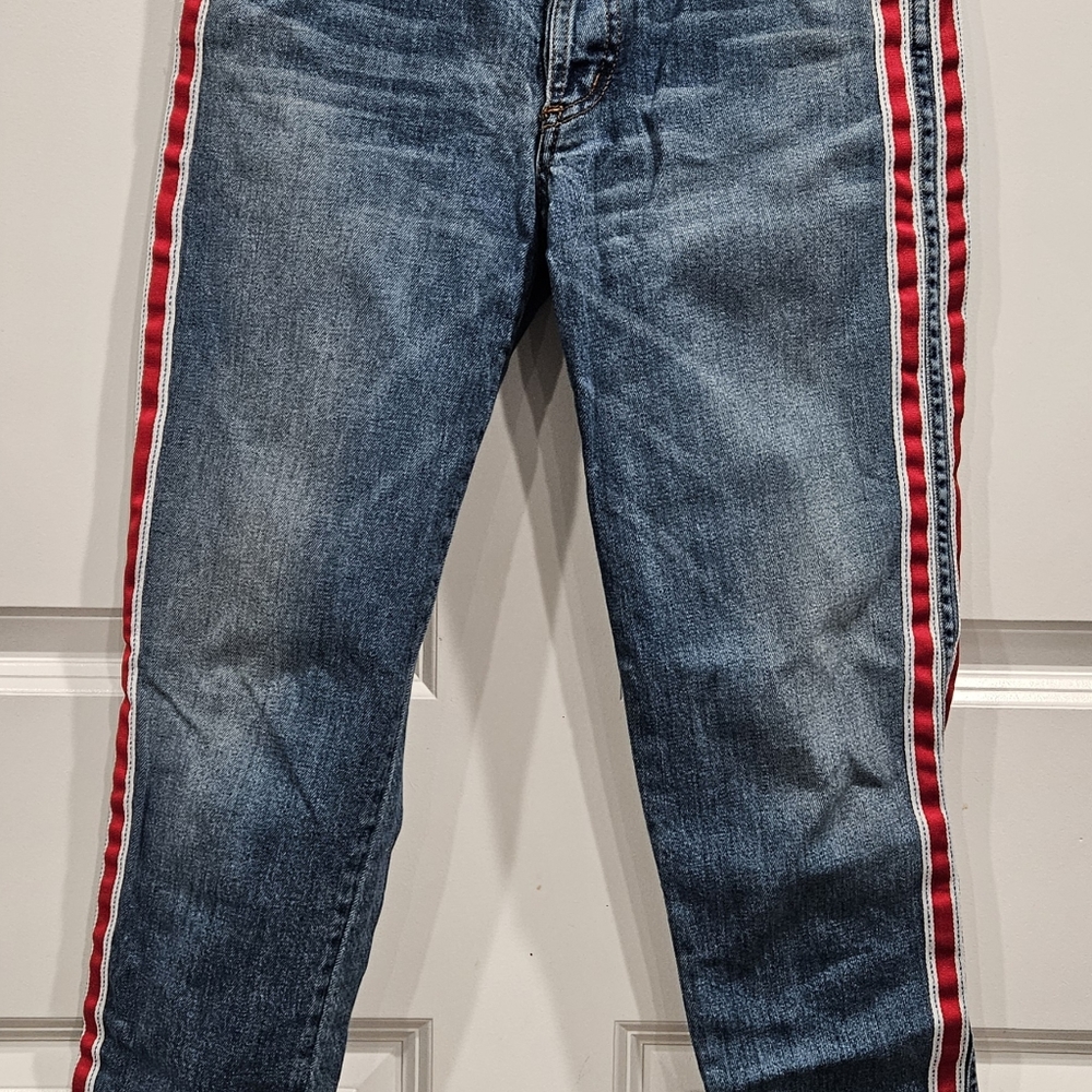 REVICE Blue Denim Ankle Jeans with Red Side Stripes